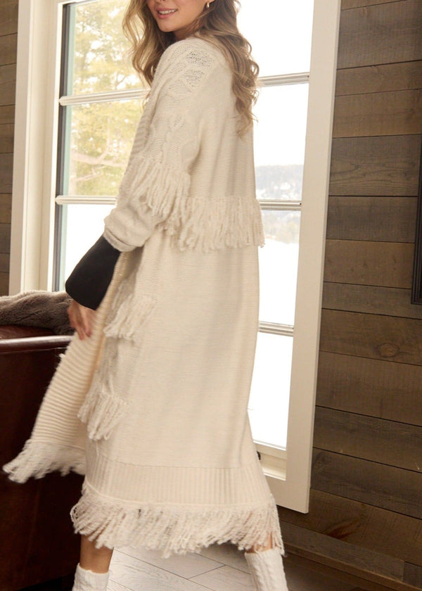 Lisa Fringe Long Cardigan | Putty