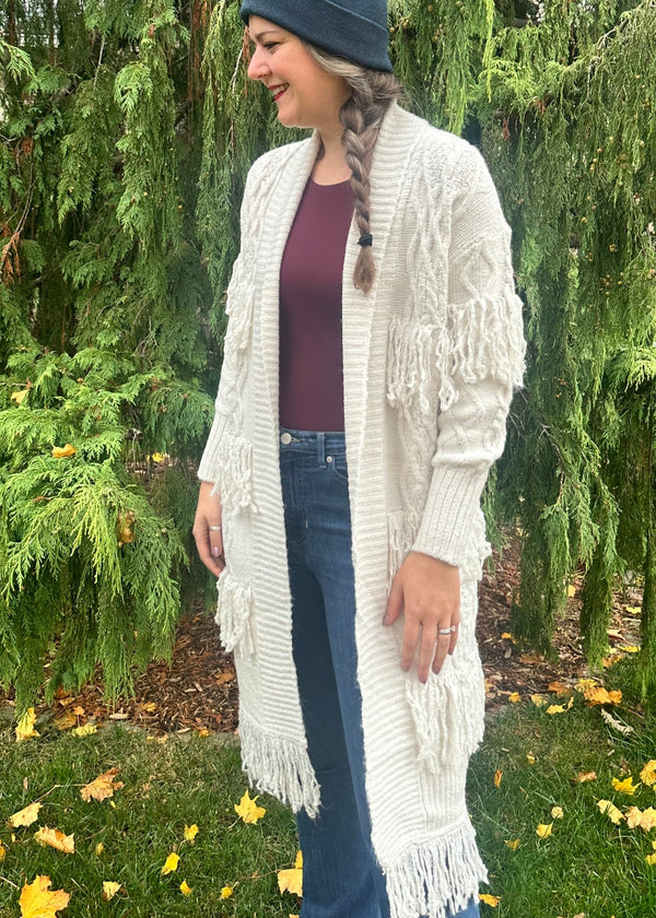 Lisa Fringe Long Cardigan | Putty