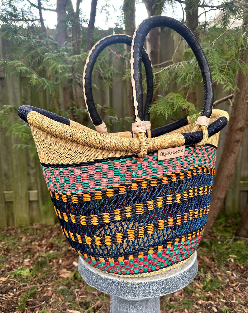 African Basket bag with black handles 