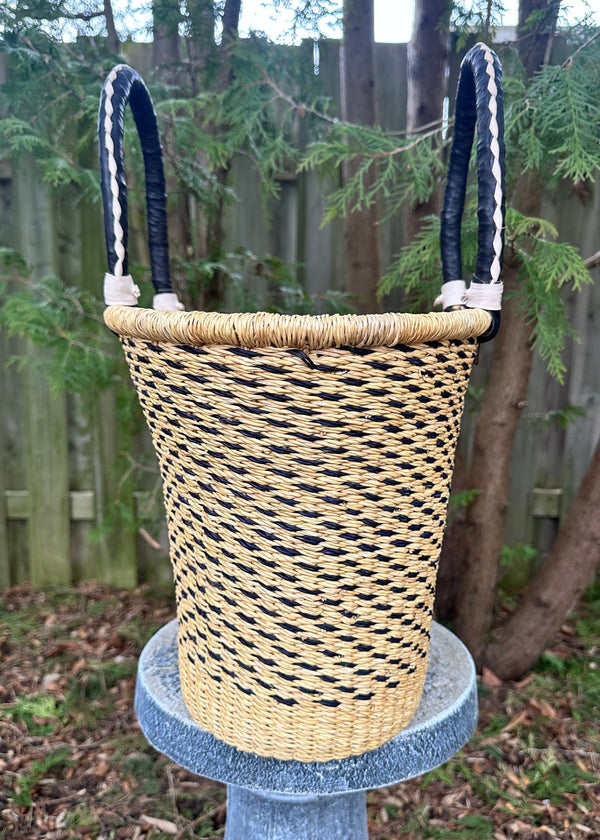 tan and black Tulip Shape Basket with Handles