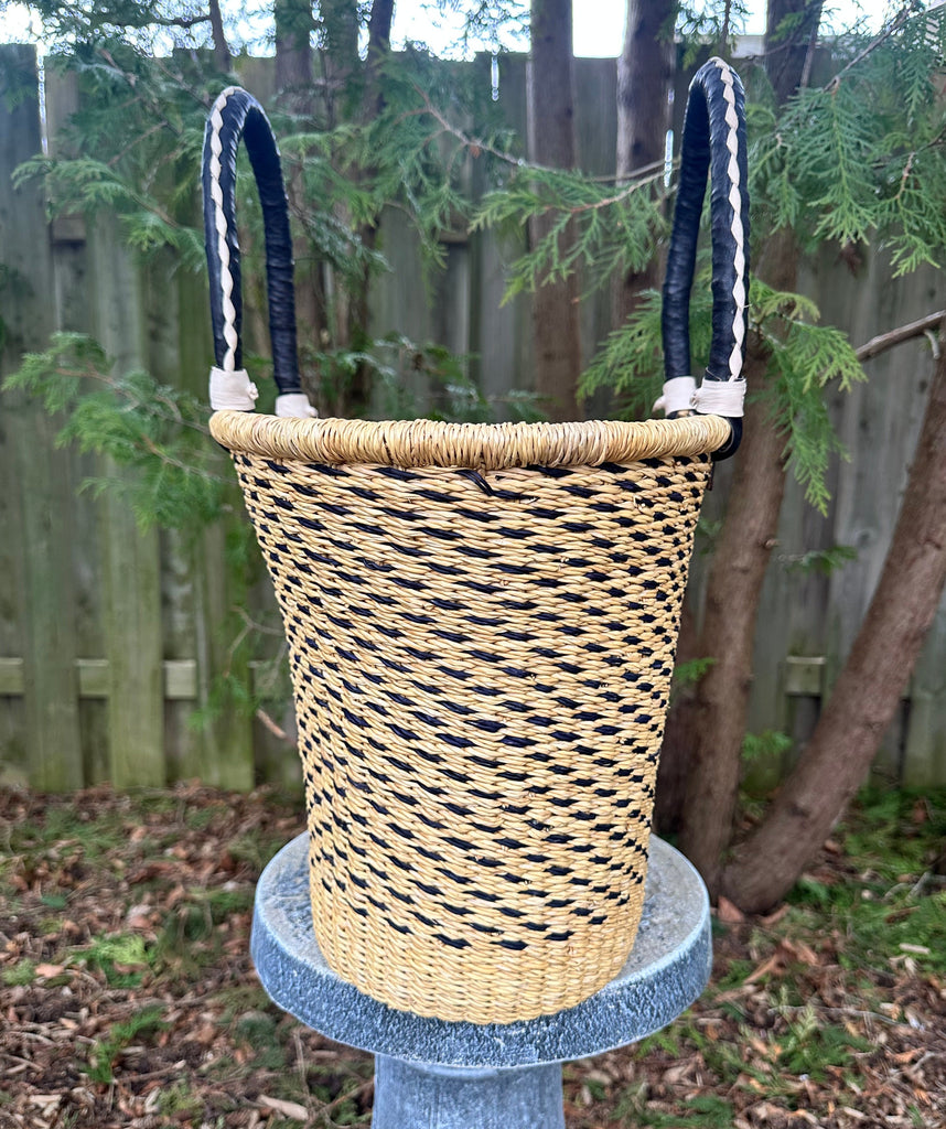 tan and black Tulip Shape Basket with Handles
