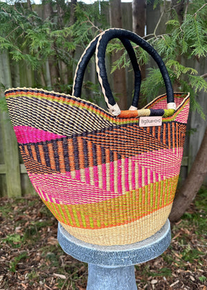 Pink Large African Basket bag with black handles 