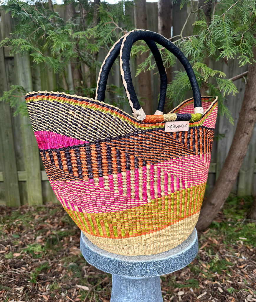 Pink Large African Basket bag with black handles 