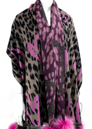 Animal Print Pom Pom Scarves with Hearts